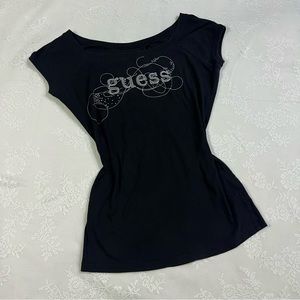 y2k embroidered black and silver guess baby tee